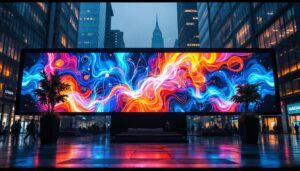 A photograph of a vibrant led display in an urban setting