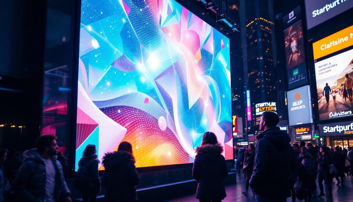A photograph of a vibrant led display in a bustling urban environment
