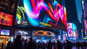 A photograph of a vibrant megatron screen in a bustling urban environment