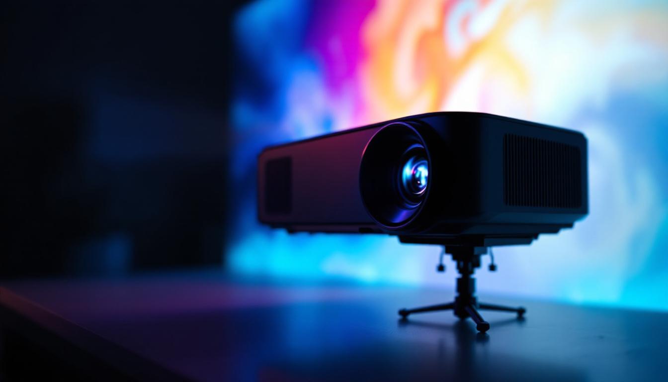 A photograph of a side-by-side comparison of a projector displaying an image in a dimly lit environment