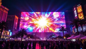 A photograph of a vibrant led display in las vegas at night