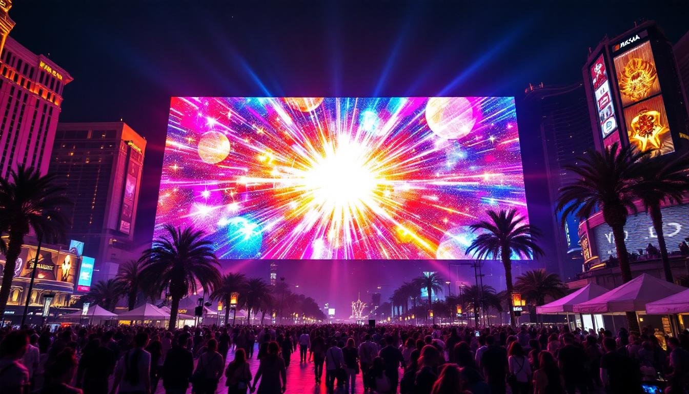 A photograph of a vibrant led display in las vegas at night