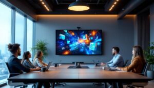 A photograph of a modern conference room featuring a large led display in action