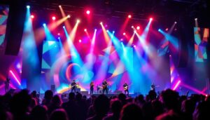A photograph of a vibrant live music performance featuring an led display backdrop