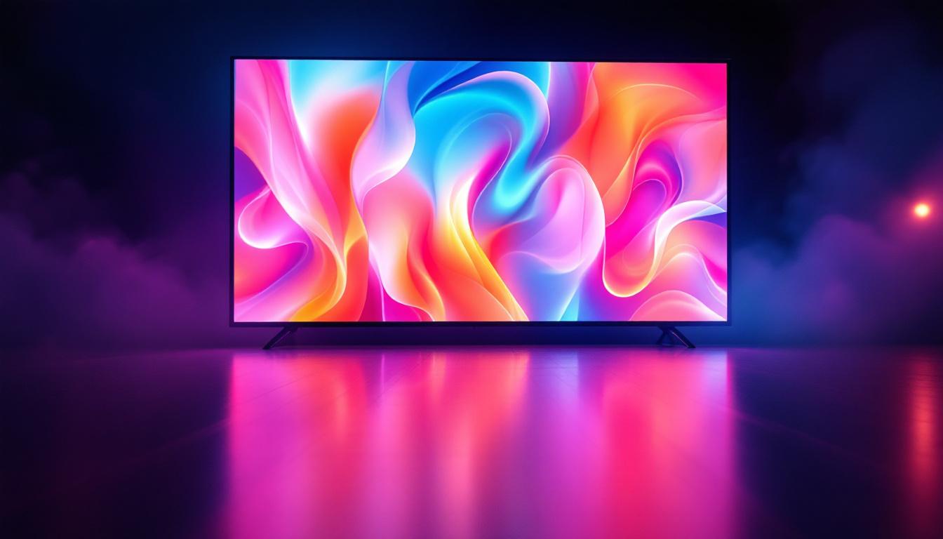 A photograph of a vibrant led display showcasing a variety of colors and dynamic visuals