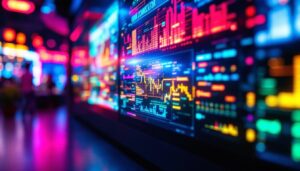 A photograph of a vibrant led display showcasing a range of colors and contrasts