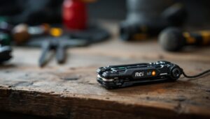 A photograph of a rei multi tool prominently displayed on a rustic wooden surface