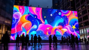 A photograph of a vibrant led display in an urban setting