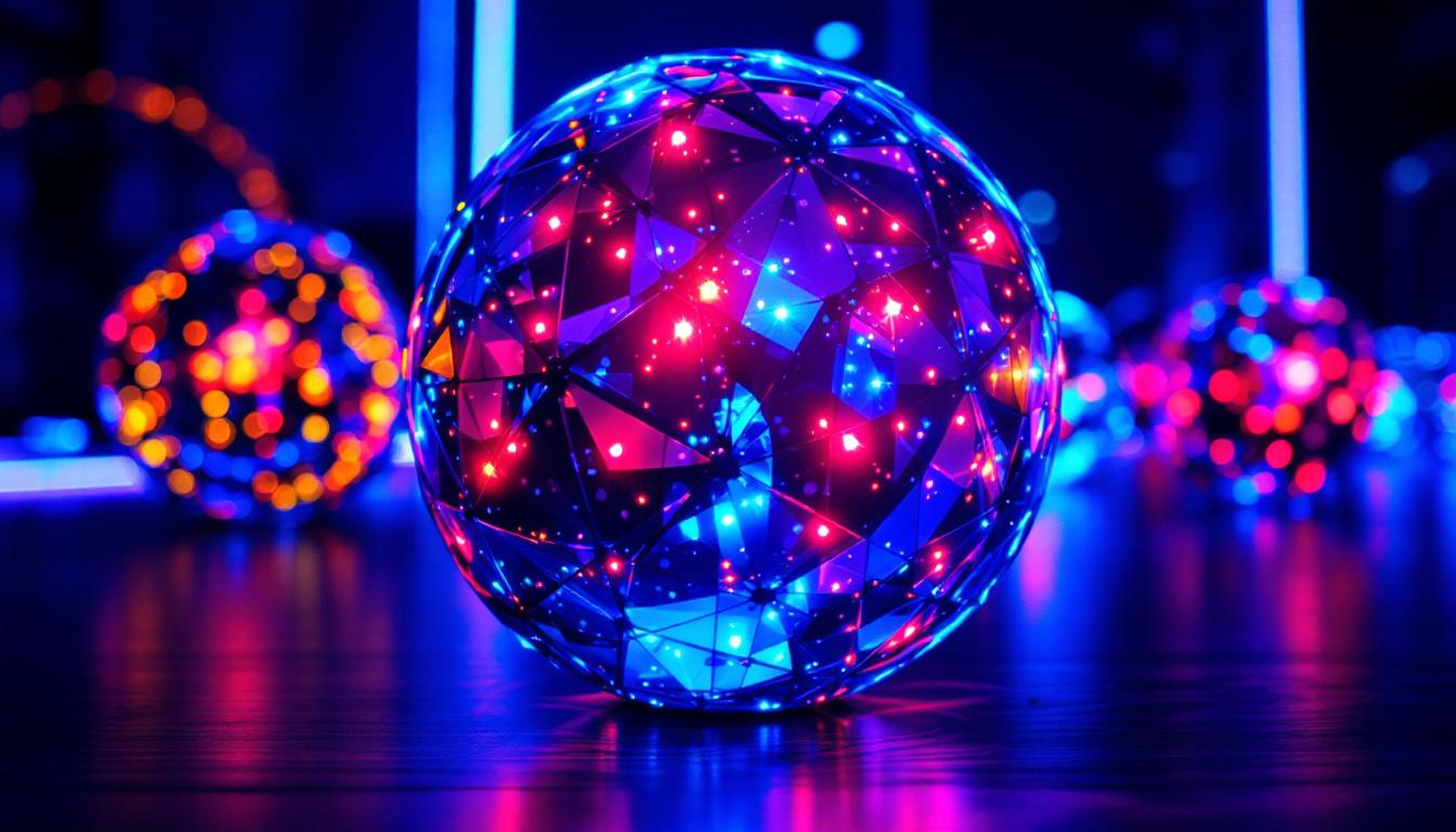 A photograph of a vibrant led sphere illuminated in a dark setting