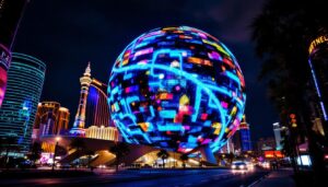A photograph of the sphere in las vegas illuminated at night
