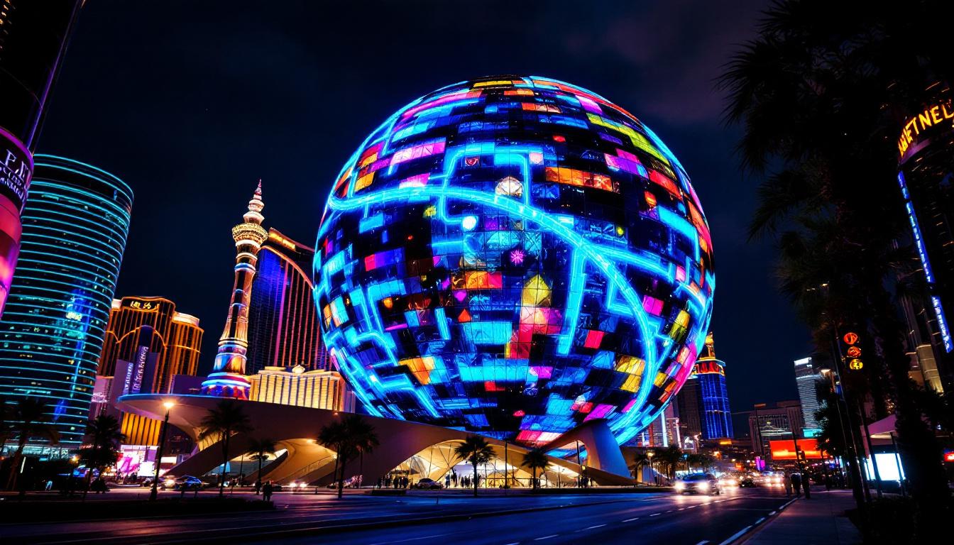 A photograph of the sphere in las vegas illuminated at night