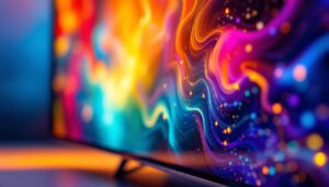 A photograph of a close-up shot of an led tv screen displaying a vibrant