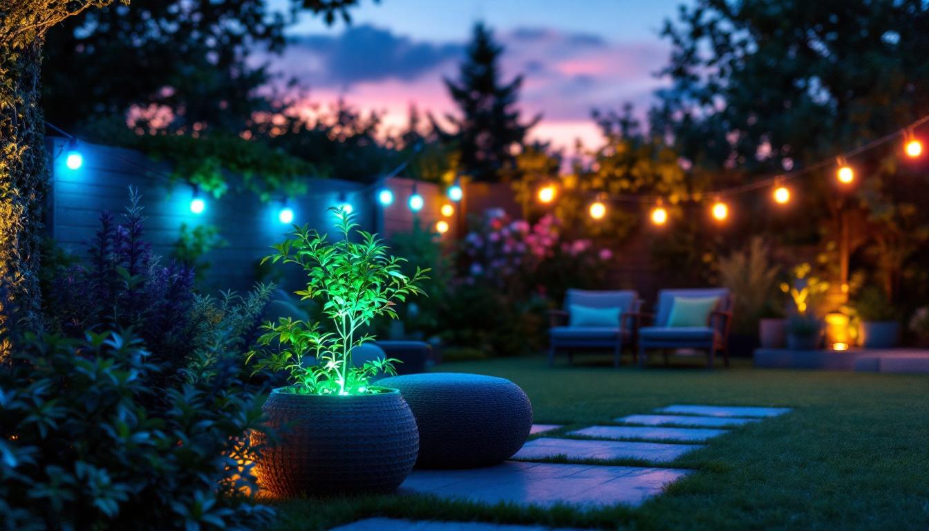 A photograph of a vibrant outdoor scene featuring a beautifully illuminated waterproof led strip lighting up a garden or patio area at dusk