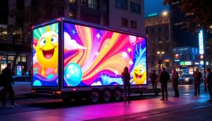 A photograph of a vibrant led advertising trailer in action