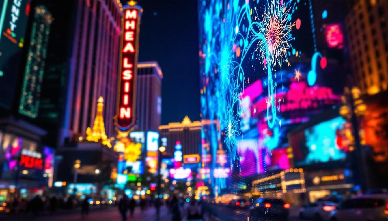 A photograph of capture a photograph of a vibrant led display in las vegas at night