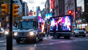 A photograph of capture a photograph of a mobile led billboard truck in action on a busy street