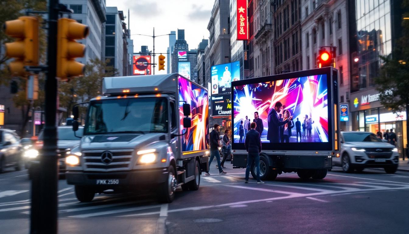 A photograph of capture a photograph of a mobile led billboard truck in action on a busy street