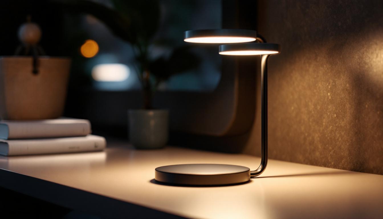 A photograph of a modern 1w led lamp illuminated in a dimly lit environment