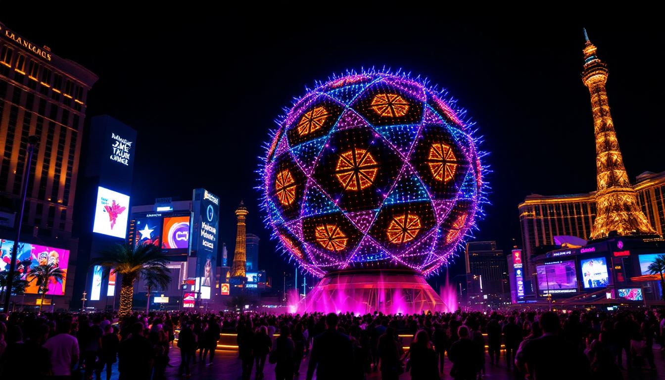 A photograph of capture a photograph of the giant ball in las vegas illuminated at night