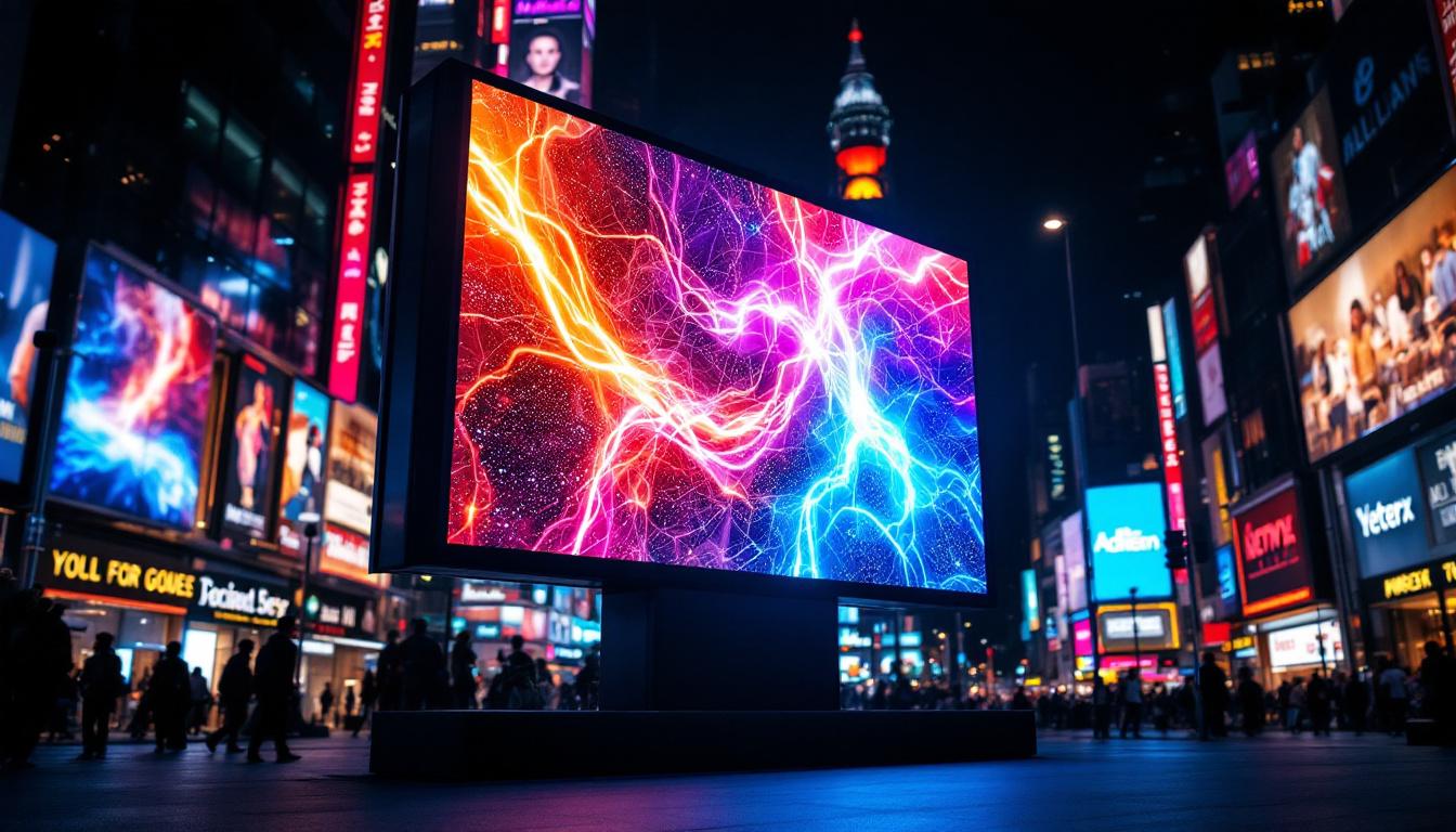 A photograph of a vibrant led display in a bustling urban environment at night