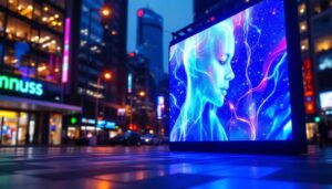 A photograph of a vibrant led display in a dynamic urban setting