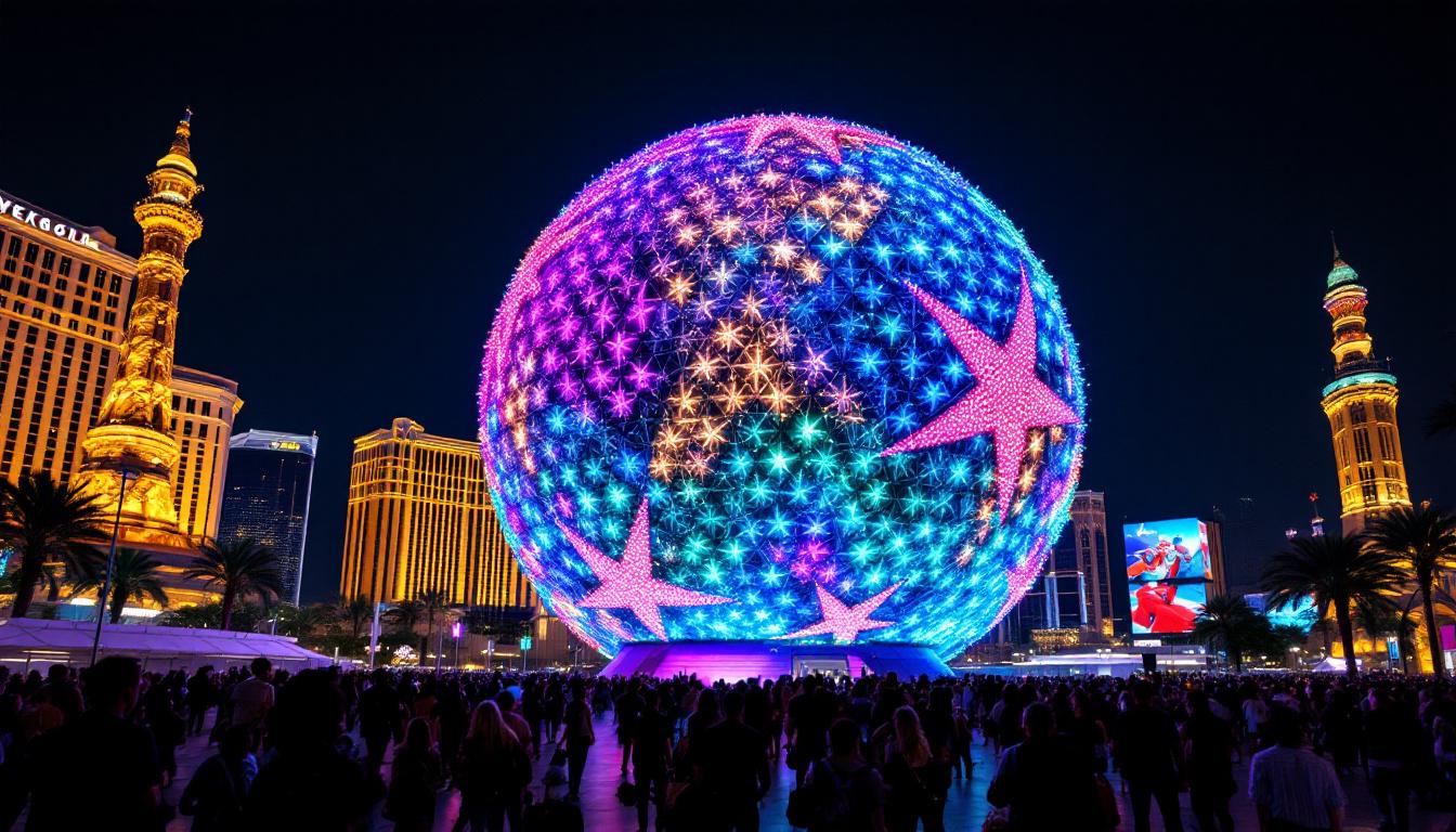 A photograph of capture a photograph of the vegas sphere illuminated at night