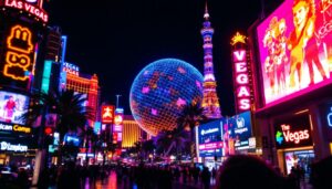 A photograph of capture a photograph of the iconic led display of the big ball in vegas at night
