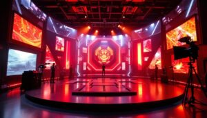 A photograph of a behind-the-scenes view of the led volume stage used in the filming of the mandalorian