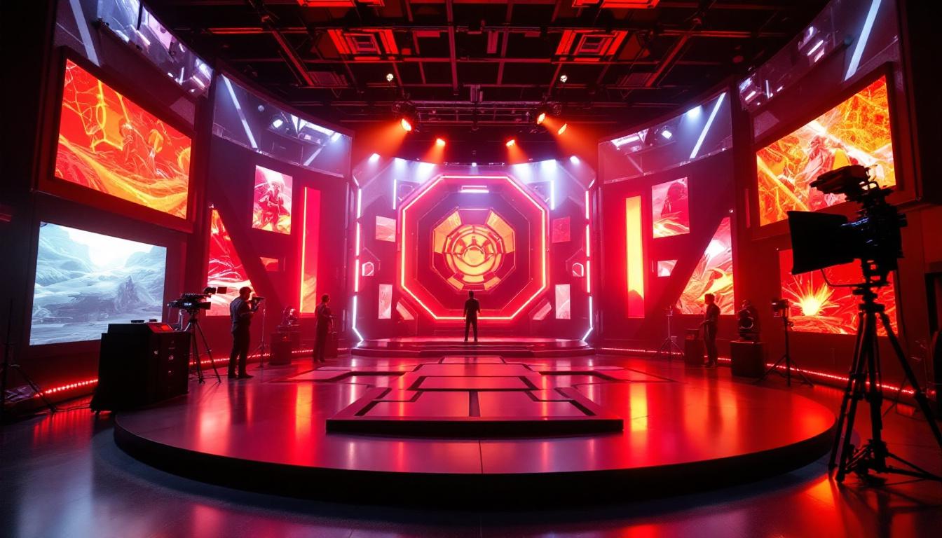 A photograph of a behind-the-scenes view of the led volume stage used in the filming of the mandalorian