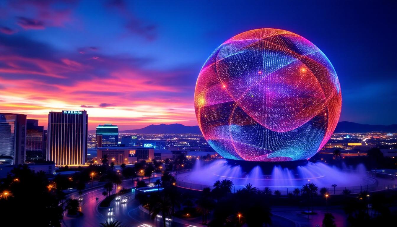 A photograph of capture a photograph of the las vegas sphere at dusk