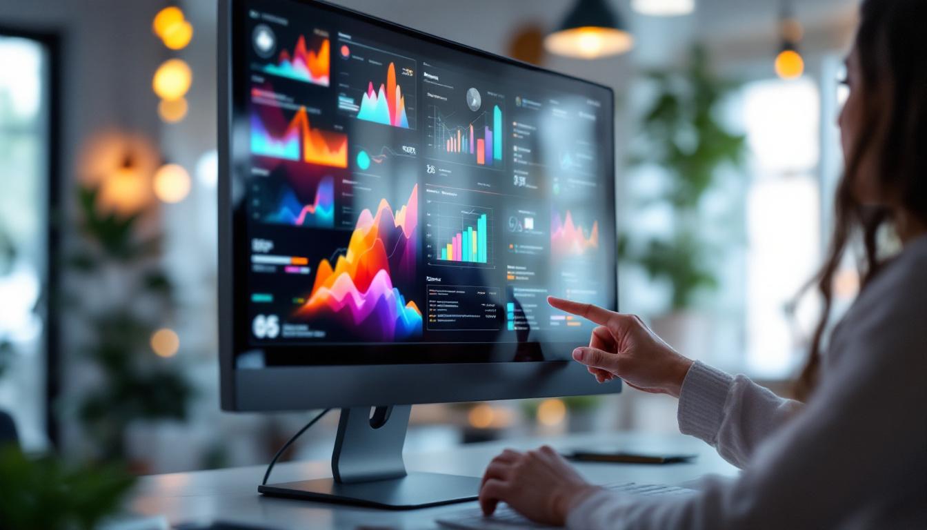 A photograph of a sleek touch screen monitor displaying vibrant graphics