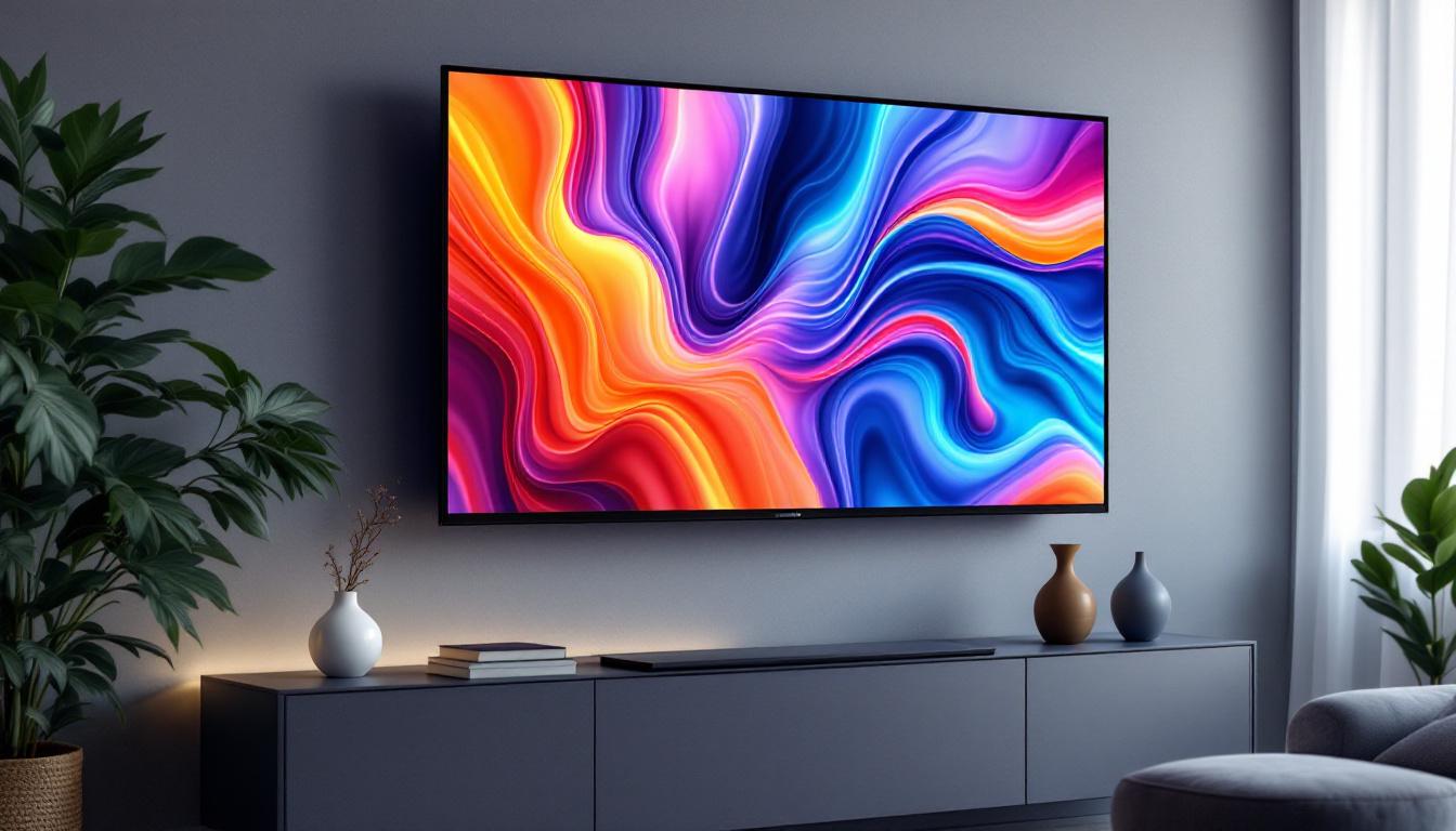 A photograph of a stylishly designed flat screen tv mounted on a wall
