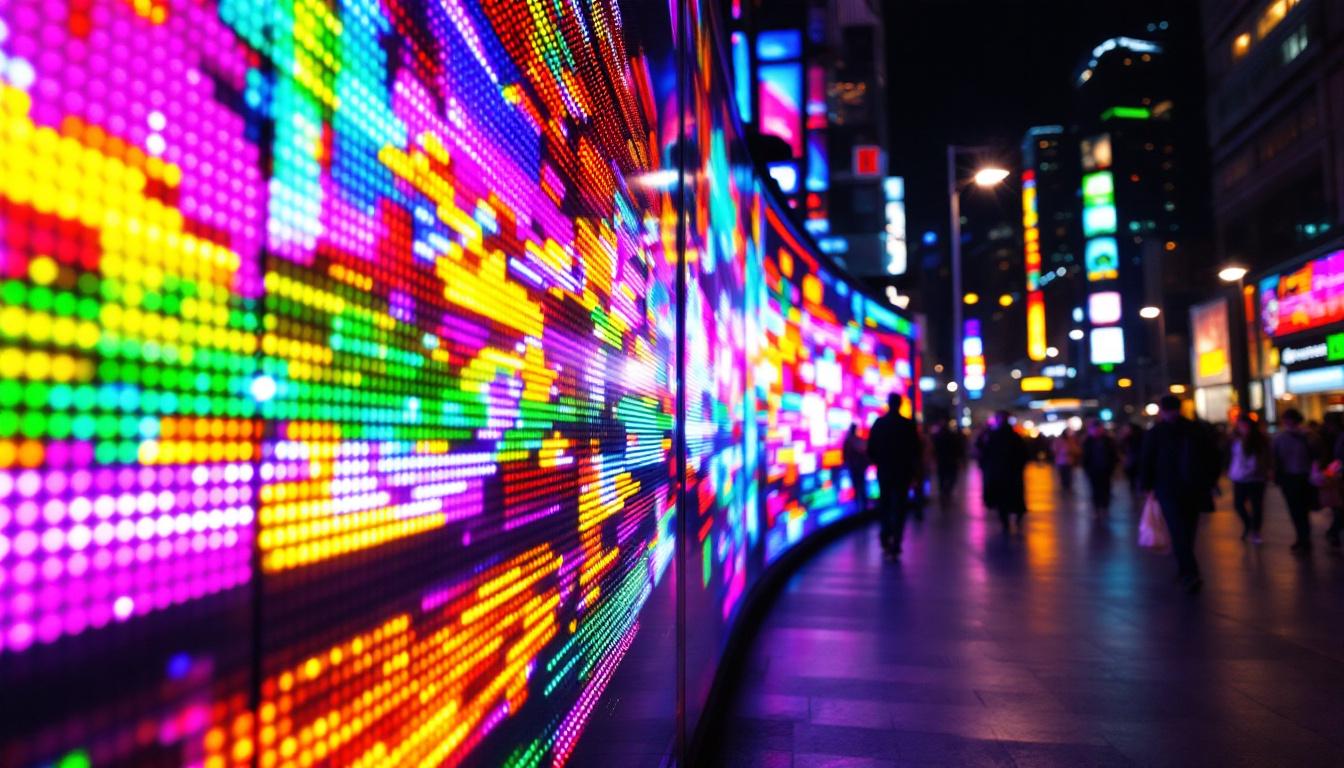 A photograph of a vibrant led display showcasing various colors and patterns in a dynamic urban setting