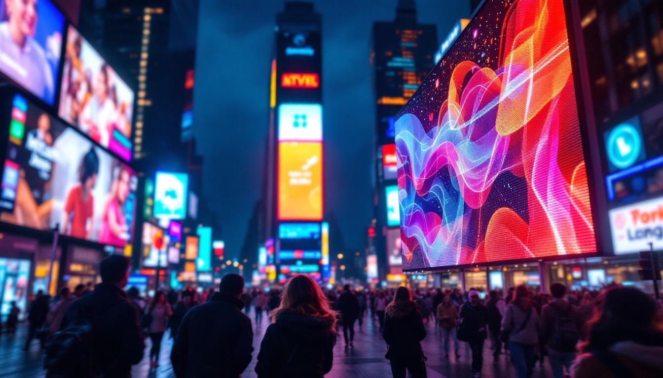 A photograph of a vibrant led display in a bustling urban environment at night