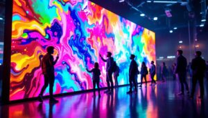 A photograph of a vibrant led display in a dynamic setting