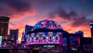 A photograph of the las vegas theater dome's stunning led display at night