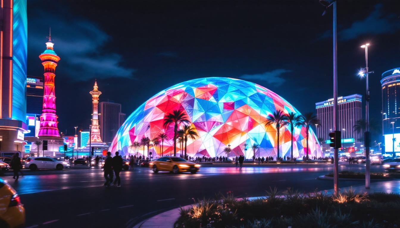 A photograph of the new las vegas dome illuminated at night