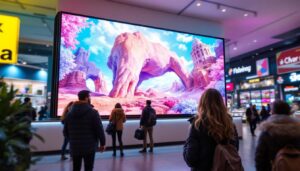 A photograph of a vibrant retail environment featuring a large led display showcasing dynamic advertisements or product promotions