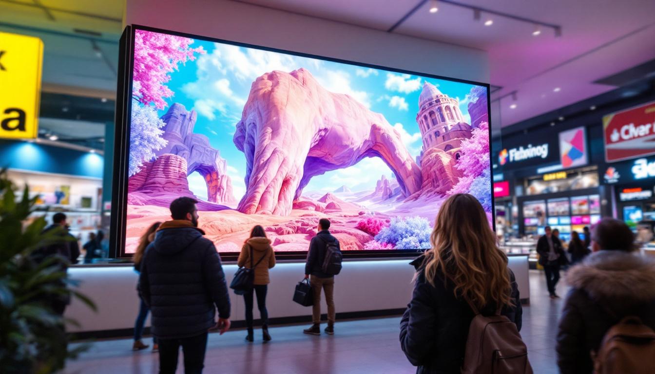 A photograph of a vibrant retail environment featuring a large led display showcasing dynamic advertisements or product promotions