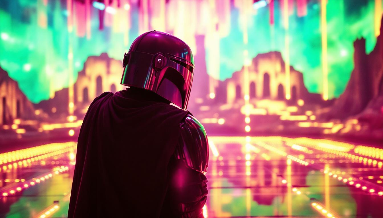 A photograph of capture a photograph of a vibrant led volume stage used in the filming of "the mandalorian