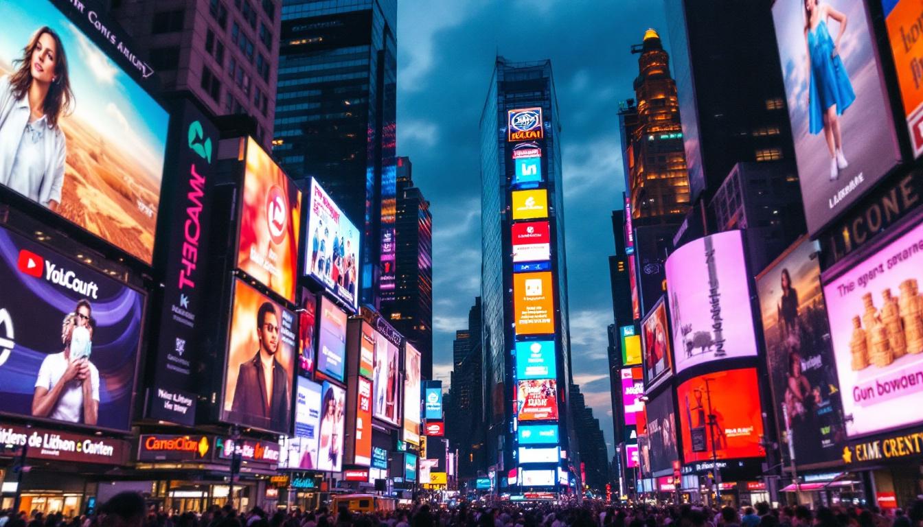 A photograph of capture a photograph of the vibrant led advertising billboards in times square at dusk
