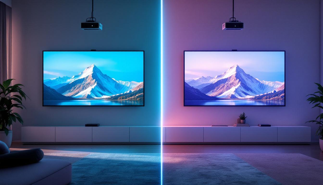 A photograph of a side-by-side comparison of a projector displaying an image on a traditional wall versus an enhanced projector screen