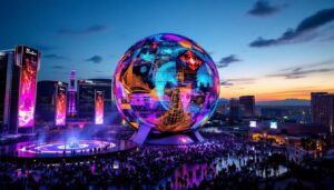 A photograph of capture a photograph of the las vegas sphere at dusk