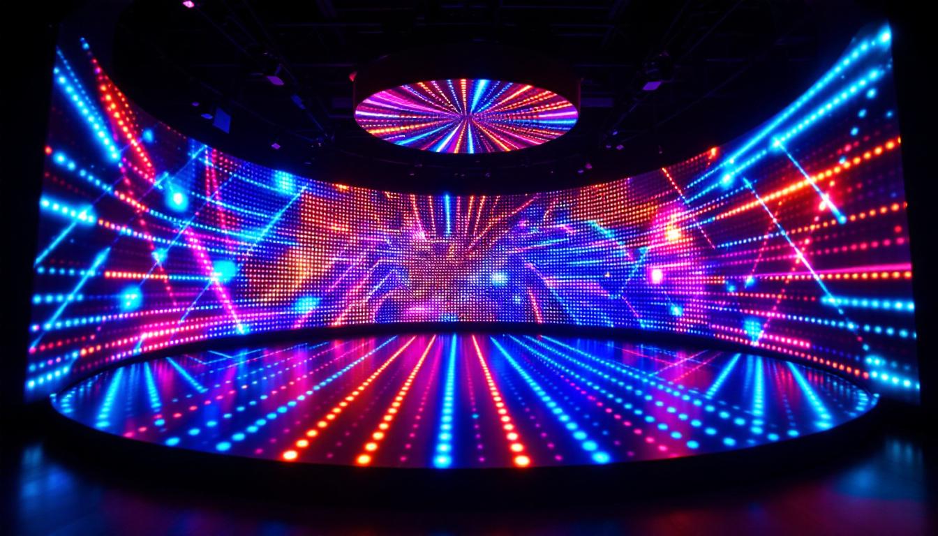 A photograph of capture a photograph of a vibrant 360-degree led light display in a dark environment