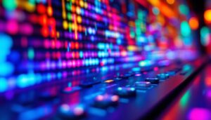 A photograph of a close-up view of a vibrant led display in action