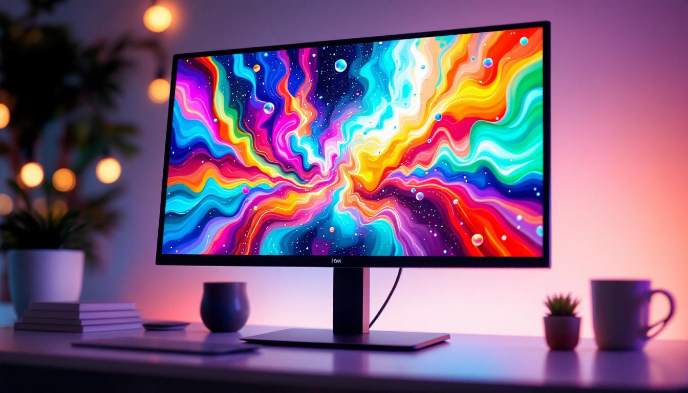 A photograph of a vibrant led monitor displaying vivid colors and dynamic visuals in a well-lit environment