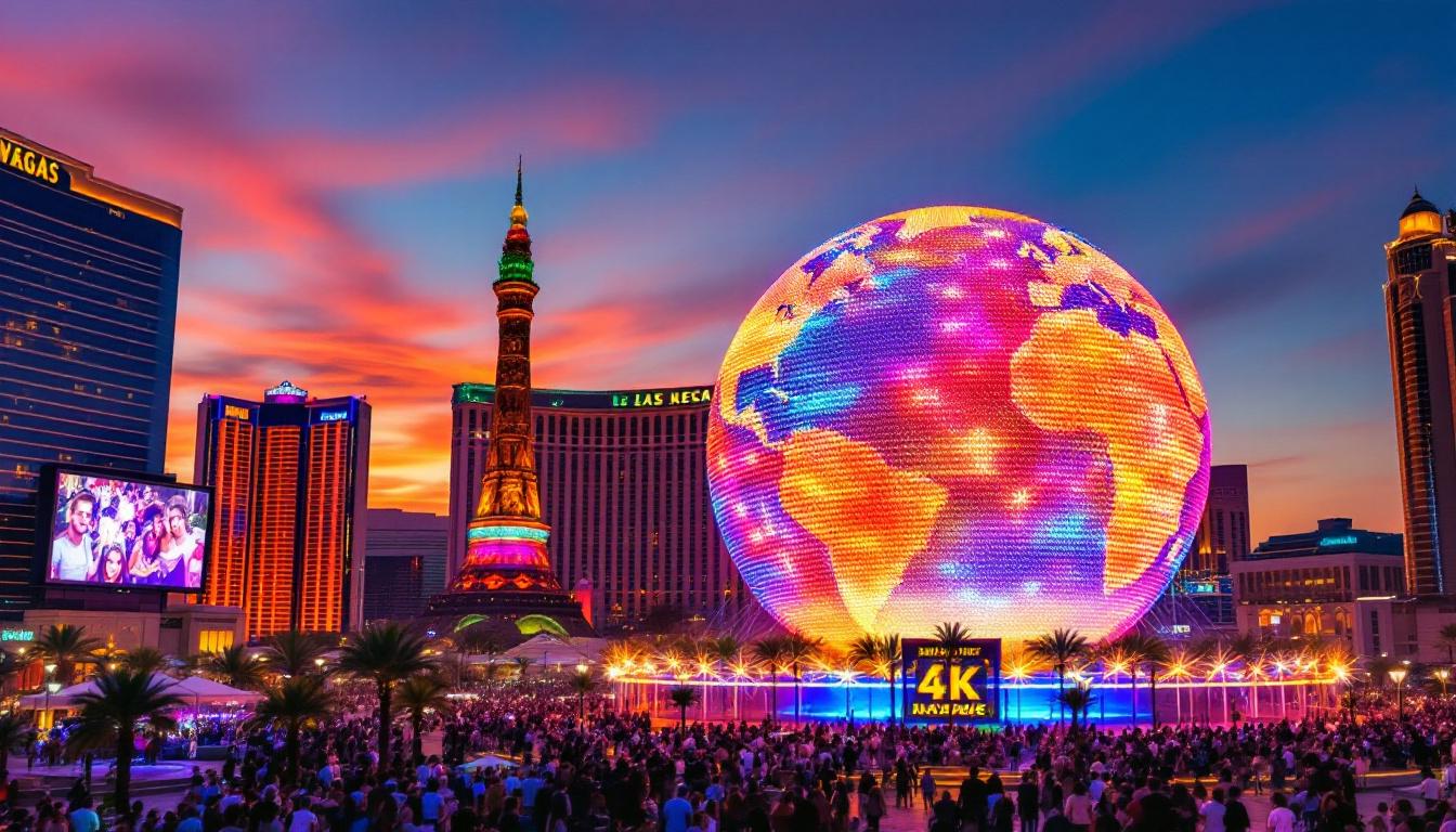 A photograph of capture a photograph of the las vegas big sphere at dusk