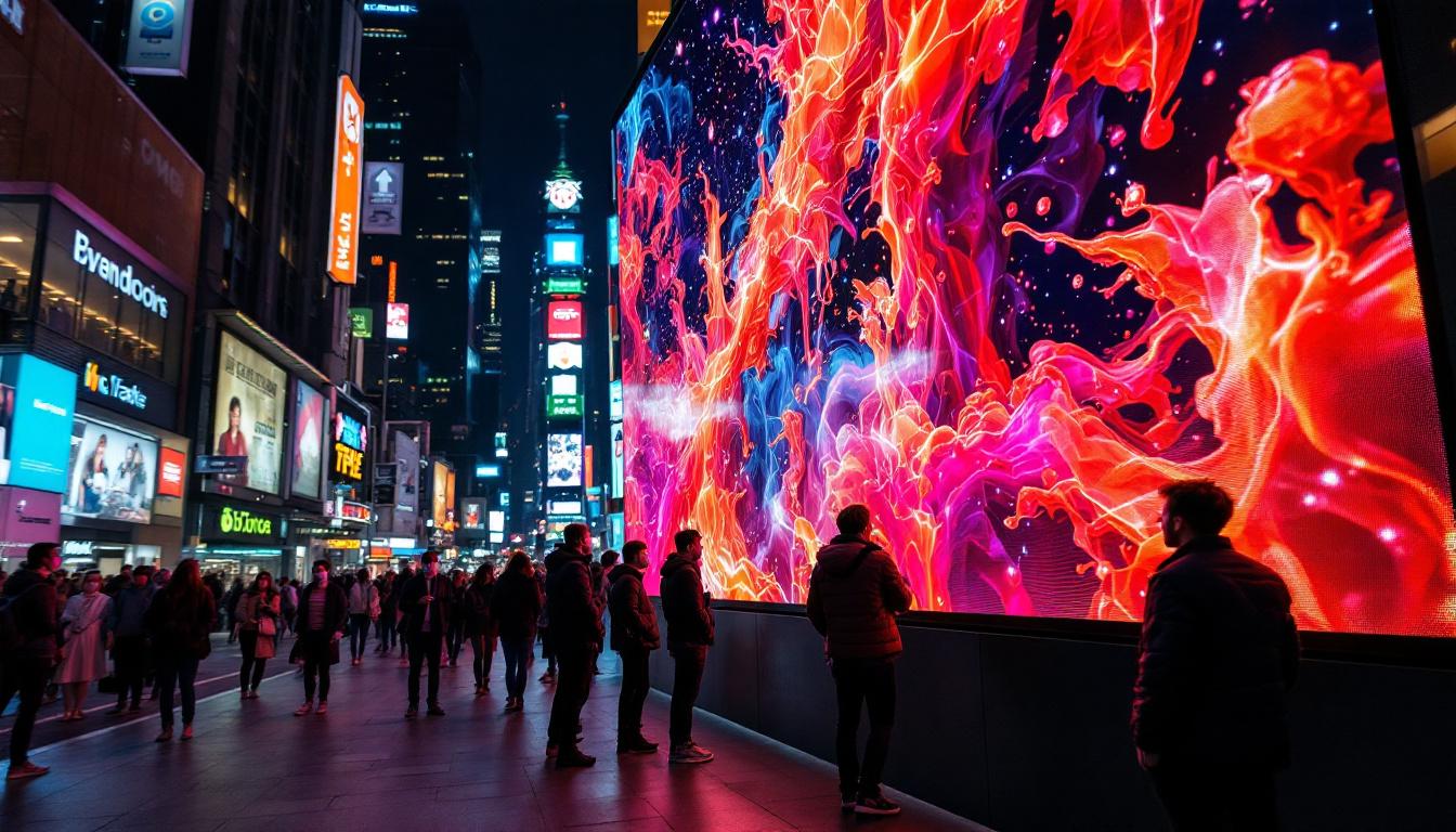 A photograph of a vibrant led display in a bustling urban environment