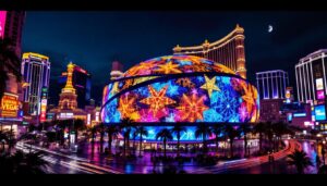 A photograph of the las vegas circle dome at night