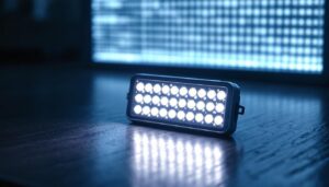 A photograph of a close-up shot of a 9w led light in use